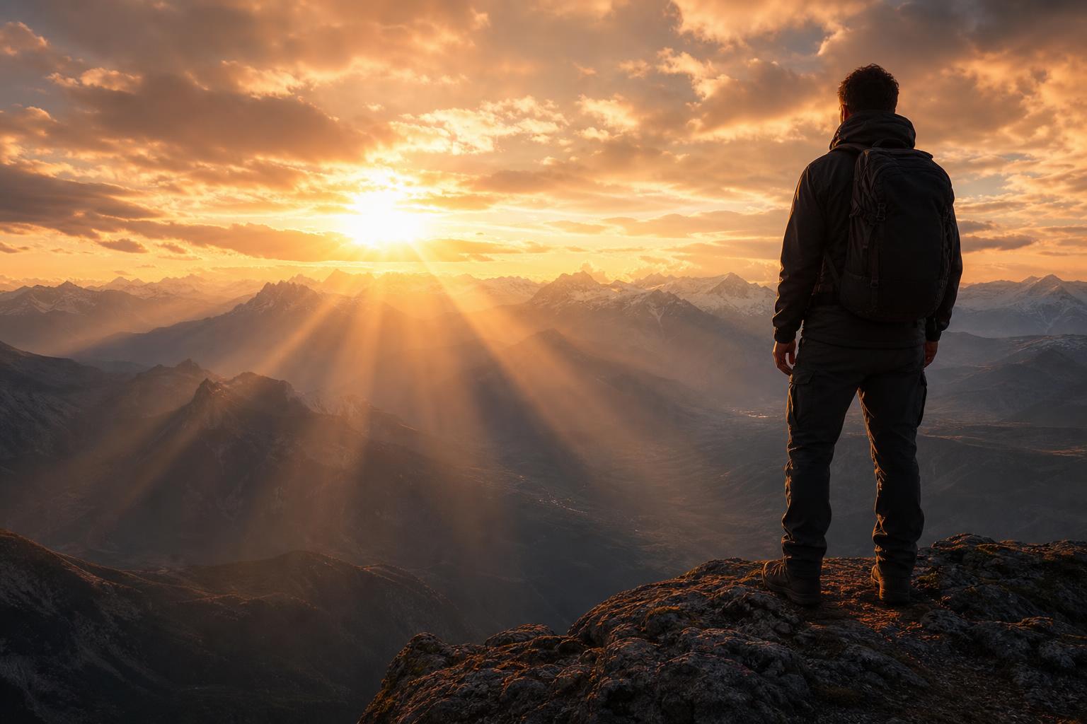 A man stands on a mountain overlook at sunrise, contemplating the ascent ahead
